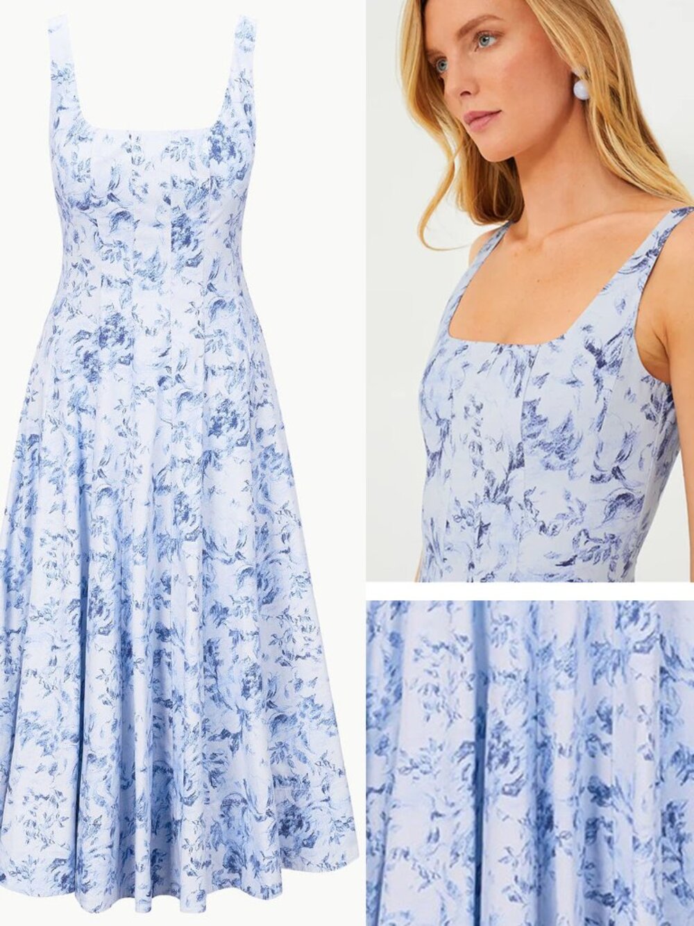 STAUD Periwinkle BLUE Sketchbook Floral Midi Wells Dress SIZE 6 $490 NWT
